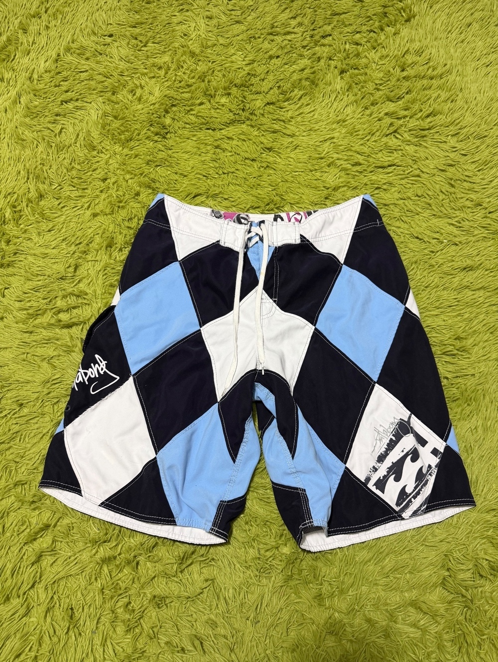 BILLABONG ANDY IRONS 3XWORLD CHAMPION ARGYLE DIAMOND SUPER RARE BOARD SHORTS “36